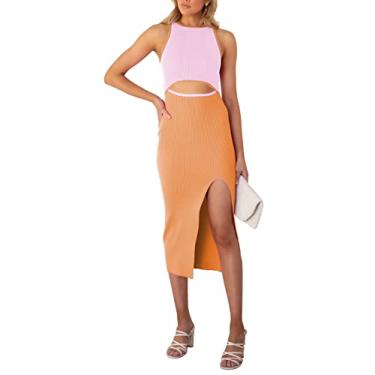 Imagem de Pink Queen Vestido midi colado ao corpo feminino com recorte e gola redonda, sem mangas, fenda regata, Rosa/Laranja/Branco, M