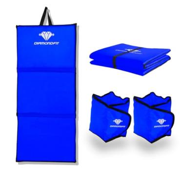 Imagem de Kit Colchonete Dobrável D50 Academia Maleta + Par de Caneleira 2kg Musculação Fitness Tornozeleira Azul