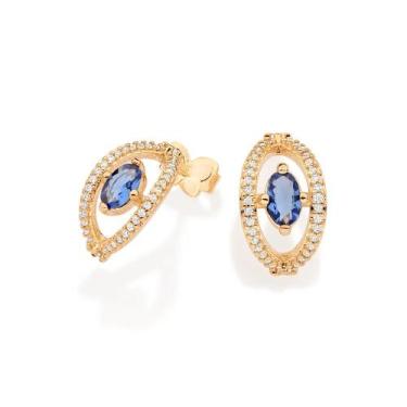 Imagem de Brincos rommanel banhado ouro 18k feminino pequeno meia argola olho gr