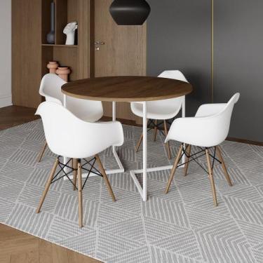 Imagem de Mesa Jantar Industrial Amêndoa 110cm Redonda Base V Ferro Branco com 4