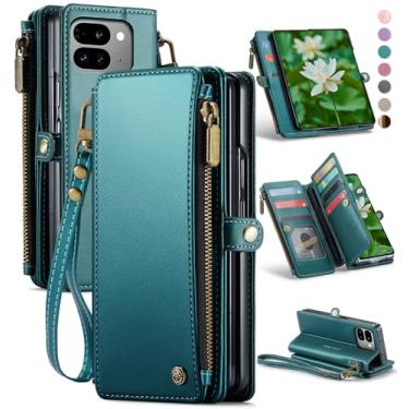 Imagem de Defencase Capa carteira dobrável compatível com Pixel 9 Pro com bloqueio de RFID, porta-cartões e porta-canetas, couro PU, fecho magnético, fecho de correr, capa para celular adequada para Google