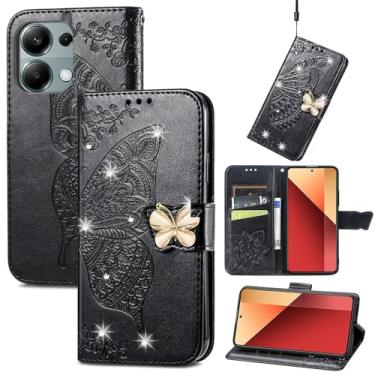Imagem de Dinglijia Capa carteira para Redmi Note 13 Pro 4G, capa de couro PU padrão borboleta com fecho magnético e compartimentos para cartões de dinheiro para Redmi Note 13 Pro 4G, strass preto