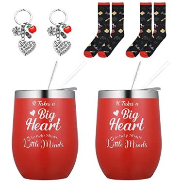 Imagem de 2 conjuntos de presentes de professor para mulheres, presentes de agradecimento de professores de natal, caneca de professor de creche copo chaveiro meias para apreciação dia de natal, leva um grande coração para ajudar a moldar pequenas mentes