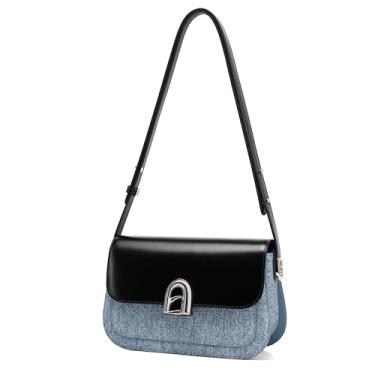 Imagem de Bolsa de ombro feminina de couro LA FESTIN - Bolsa transversal com alça ajustável, bolsas femininas, Jeans azul e preto, Medium