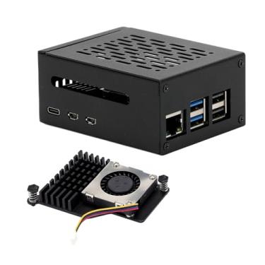 Imagem de Tada Capa de Metal para Raspberry Pi 5 com Cooler Ativo, Preta, Alumínio Anodizado Preto Jateado e Aço Revestido a Pó, Acessa Portas e Conectores, Compartimento para Cabo de Fita GPIO