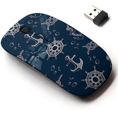 Imagem de CJCBROES Mouse sem fio de 2,4 G com design de padrão fofo para todos os laptops e desktops com nano receptor - Tema náutico azul