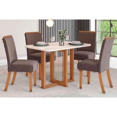 Imagem de Conjunto: Mesa Sala Jantar Natalí c/ Tampo Madeirado c/ Vidro Curvo 120x80cm e 4 Cadeiras Malu Nature/Suede Light Marrom Amendoa - Henn