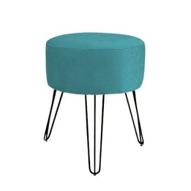 Imagem de Puff Suede Azul Turquesa Pés De Ferro Preto Verniz Para Sala - Decore.