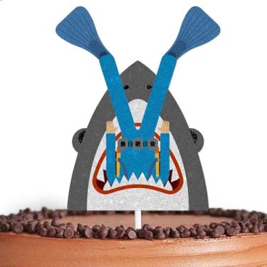 Imagem de Glitter Shark Eat Diver Cake Topper Cheer to Sea Creature Shark Theme Decor Supplies Baby Shower Men Women Happy Birthday Wedding Anniversary Party Decorations