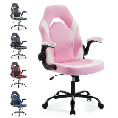 Imagem de Cadeira de mesa ergonômica para jogos – Cadeira de corrida giratória de couro PU ajustável com apoios de braços dobráveis para escritório em casa e entretenimento, perfeita para adultos, crianças e