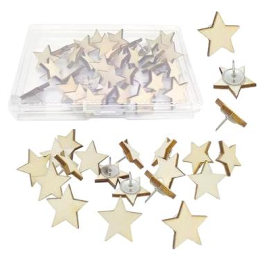 Imagem de 30 pinos de madeira em forma de estrela bonitos tachinhas decorativas para quadros de cortiça, mapas, fotos, calendário e projetos de artesanato de escritório em casa com caixa (estrela)