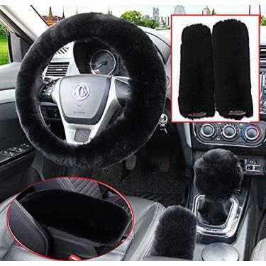 Imagem de Pinbola 6 pçs/conjunto de capa de volante de lã sintética macia e macia e cinto de segurança, ombreiras e capa de freio de mão e capa de mudança de marcha, ajuste universal quente de inverno (preto)