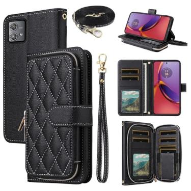 Imagem de Dswteny Argyle Capa carteira para Motorola Moto G84 5G com alça de pulso, alça de ombro, bolsa de couro PU flip suporte para cartão de crédito acessórios capa de celular para G 84 2023 mulheres