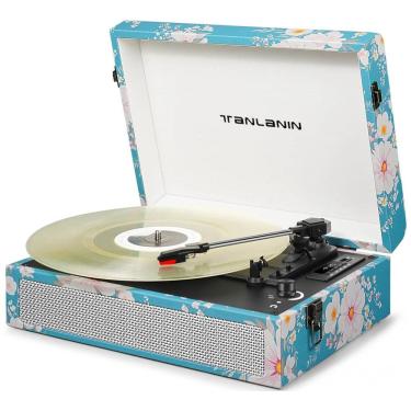 Imagem de Toca Discos Vintage com 3 Velocidades, Alto Falantes Embutidos, Gravação USB e Entrada para Fone, TANLANIN, Azul Floral