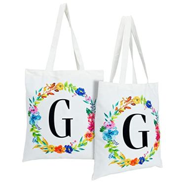 Imagem de Conjunto de 2 sacolas de monograma reutilizáveis personalizadas para mulheres, design floral (73 cm), Multicor, 29 inches, Letra G