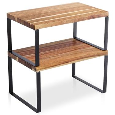 Imagem de Danfoxer Conjunto de 2 prateleiras organizadoras de armário, prateleiras de balcão de cozinha, suporte de especiarias de madeira de acácia para bancada e cabine, empilhável e expansível, organizador e