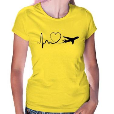 Imagem de Baby Look Avião Batimentos Cardíacos Coração - Foca na Moda, Amarelo, 