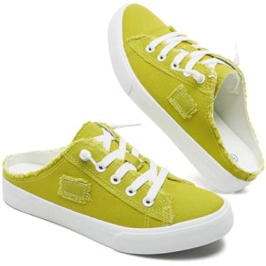 Imagem de BENPAO Tênis feminino sem cadarço de lona, sem cadarço, moderno, confortável, mocassim feminino, antiderrapante, casual, sem costas nuas, Verde maçã, 39