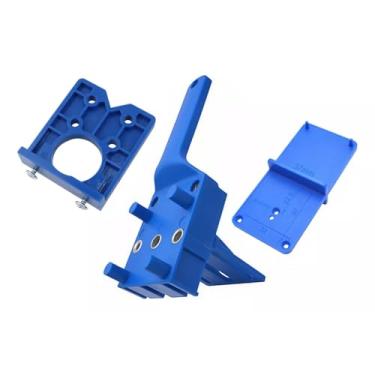 Imagem de Kit Gabarito para Marcenaria, Guia para Dobradiça 35mm, Guia para Cavilha, 3 Peças, Azul