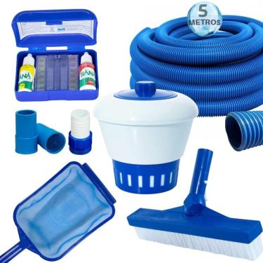 Imagem de Kit Limpeza Piscina Escova Peneira Clorador Estojo Teste Ph Alcalinidade Cloro Mangueira Adaptadores