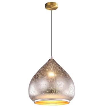Imagem de Jowjut Luminária Pendente Marroquina De Fazenda, Luminária Pendente De Metal, Ferro, Vintage, Ilha De Cozinha, Luminária Pendente De Teto Retrô, Loft, Design Prateado Oco, Cordão Ajustável, Iluminaç