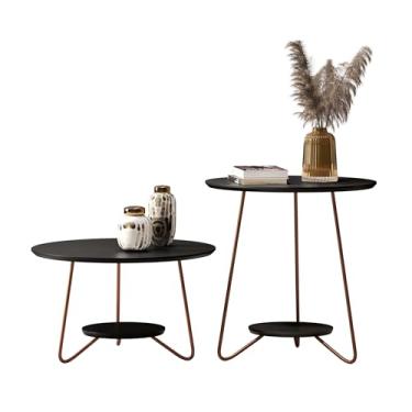 Imagem de Conjunto Kit Mesa Apoio e Centro Liz Sala de Tv Pés de Ferro Decoração Moderno Tampo Redondo - Preto