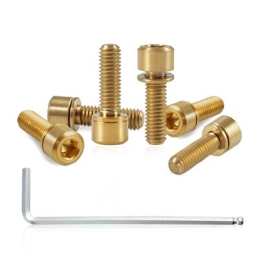 Imagem de SPEEDWOX Conjunto de 6 parafusos de haste de bicicleta com arruelas, liga de titânio, parafusos cônicos hexagonais Allen para peças de haste de bicicleta de estrada, M5 x 16 mm dourado
