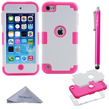 Imagem de Wisdompro Capa para iPod Touch 7, para iPod Touch 6, para iPod Touch 5, 3 em 1 capa protetora híbrida de silicone macio e PC rígido para iPod Touch 5ª 6ª 7ª geração - Rosa-choque/branco