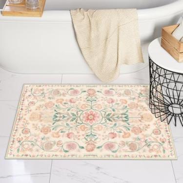 Imagem de Uphome Tapetes de banheiro bege boho tapete de banheiro macio luxuoso antiderrapante vintage tapete de banheiro lavável na máquina casa de fazenda tapete de banheiro floral envelhecido para chuveiro