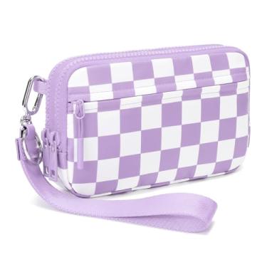 Imagem de FODOKO Bolsas femininas transversais com janela transparente, pode guardar chaves, cartões de banco, carteira pequena, cosméticos de viagem, Xadrez roxo claro