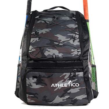 Imagem de Athletico Bolsa para taco de beisebol – Mochila para beisebol, bola em T e equipamentos de softbol para jovens e adultos | Comporta morcego, capacete, luva e sapatos | Compartimento do sapato e gancho de cerca (camuflagem cinza)