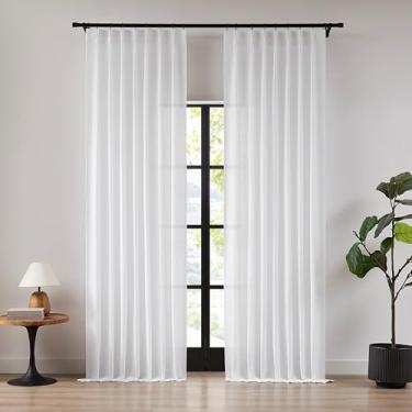 Imagem de Cortinas semitransparentes plissadas brancas de 280 cm, cortina de janela com filtro de luz de mistura de linho, para sala de estar, quarto, pregas nas costas, com ganchos, 2 painéis 101,6 cm L x
