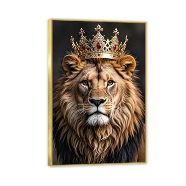 Imagem de SDYJ6GSW Arte de parede em tela de leão, rei, leão e leoa, quadro de coroa de rei e rainha para quarto, sala de estar, escritório, moldura dourada de 90 x 60 cm (36 x 24 pol.)