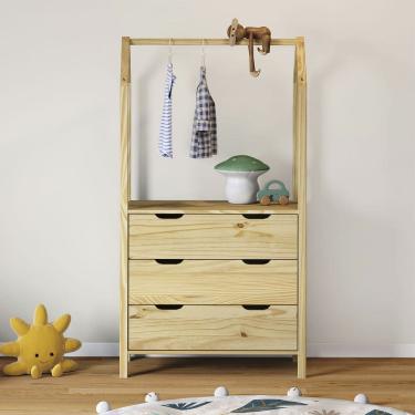 Imagem de Cômoda infantil Montessori Madeira com Arara 3 Gavetas Amira Natural