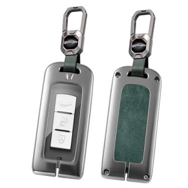 Imagem de HIBEYO Capa Smart Key Fob compatível com Mitsubishi Outlander Sport Eclipse Cross ASX Mirage RVR Lancer Fortis Ex Accessories Capa de chave de couro de liga com chaveiros - verde chaveiro curto