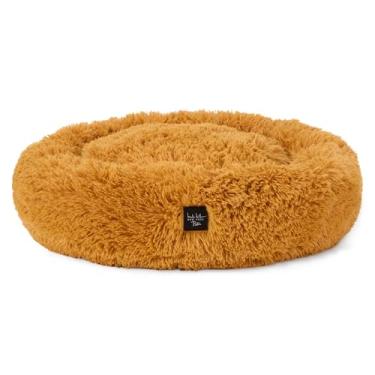 Imagem de Nicole Miller New York PET Ellie Fuzzy Solid Donut Cama para animais de estimação, pelúcia, aconchegante e calmante, repelente de água, parte inferior antiderrapante, 100% lavável na máquina, dourada,