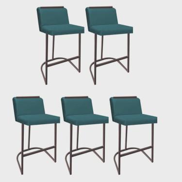 Imagem de Kit 05 Banquetas Com Encosto Ninna Bistrô Cozinha Aplique Ferro Marrom Suede Azul Turquesa - Ahz Móveis