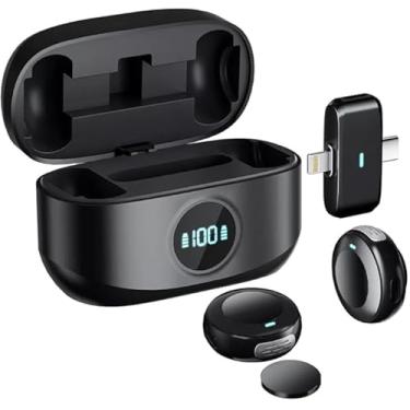 Imagem de Microfone Lapela Sem Fio Duplo Lapela profissional sem fio com capa de carregamento, 2 mini microfones sem fio com cancelamento de ruído, Display LED, Compatível com iPhone/iPad e Tipo C