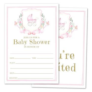 Imagem de oayGnay Convites de chá de bebê Pink Carriage, convites de chá de bebê com laço rosa para meninas, cartões de convites de revelação de gênero suprimentos de festa, 25 convites de preenchimento com