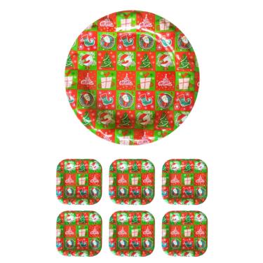 Imagem de Pratos Natalinos Jogo Para Servir Bolo Panetone Sobremesa Natal 7 Peças Melamina.