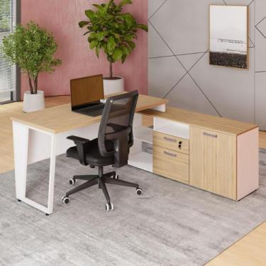 Imagem de Mesa L Escritório 150cm com Armário Lateral Pé Metal F5 - F5 Office G,