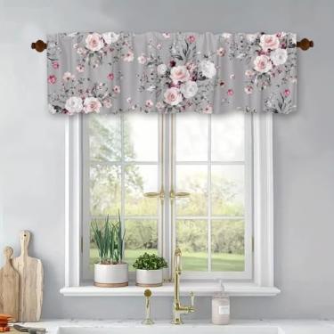 Imagem de Cortinas curtas de cozinha com rosas rosas, cortinas blackout, bolso para varão, painel para banheiro, quarto, sala de estar, 137 x 45 cm, sanefas de tratamento de janelas florais