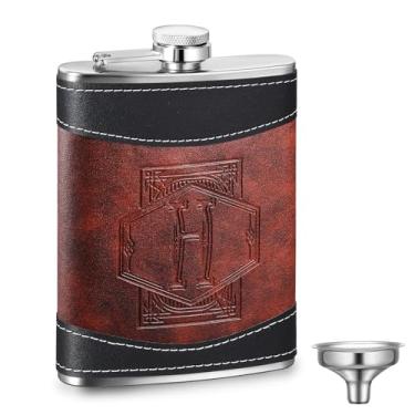 Imagem de Baderke Cantil personalizado de padrinhos de 236 ml de aço inoxidável monograma garrafa anca para homens couro presente de aniversário de Natal para pai vovô casamento (letra H)