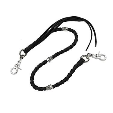 Imagem de UNIQSUM Corrente carteira de couro trançado preto com pingente de caveira com gatilho giratório motociclista punk chaveiro (prata), Prata, tamanho �nico