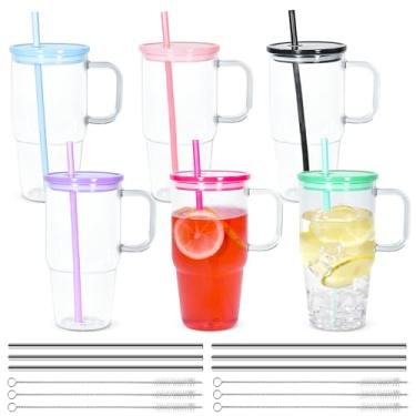 Imagem de Icesip 6 peças de copo de acrílico de 590 ml com alça, copos de plástico com tampas e canudo, xícara de café gelado com tampas de cores mistas para bebidas frias, café, refrigerante, chá, leite, suco