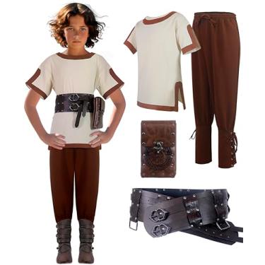 Imagem de Fantasia de camponês medieval infantil cosplay juvenil conjunto de príncipes com tiras duplas cinto largo festa de Halloween 4-12 anos, Camisa bege calça marrom, L 9-10Y Fit4'5"-4'9"/70-90lb