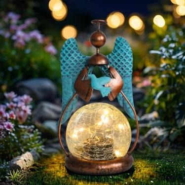 Imagem de MUMTOP Angel Solar Lights Outdoor Garden - Lanternas solares decorativas à prova d'água com globo rachado de vidro enfeites de lâmpada de mesa para quintal decoração de pátio presente (pomba da paz)