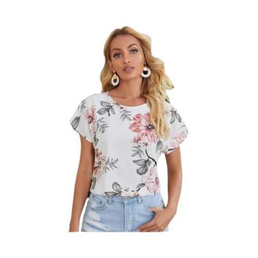 Imagem de Camisas Femininas com Estampa Floral e Manga Morcego, BR-P, Branco