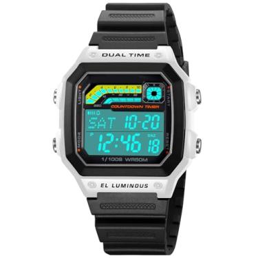 Imagem de PASOY Relógio digital masculino dourado masculino de aço inoxidável, alarme, cronômetro, contagem regressiva, esporte ao ar livre, impermeável, 2 fusos horários, Pulseira branca/borracha, Tendência