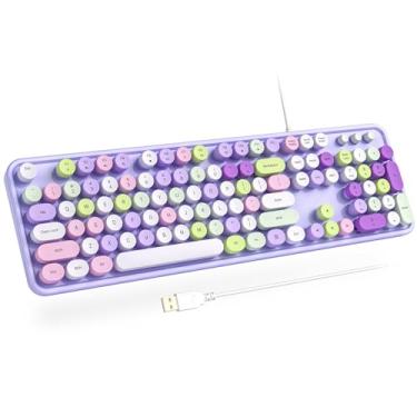 Imagem de Atelus Teclado com fio de computador, teclado USB Plug Play tamanho completo com grande número pad, tampas, suportes dobráveis, para laptop Windows 7/8/10 (roxo colorido)